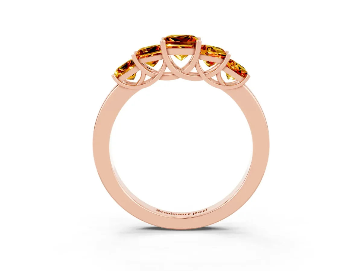 Princess Cut Five-Stone Citrine Ring with Classic Prong Setting Rose gold