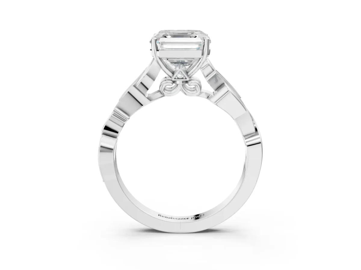 Asscher Cut Solitaire Vine Band with Milgrain Prong Setting Platinum