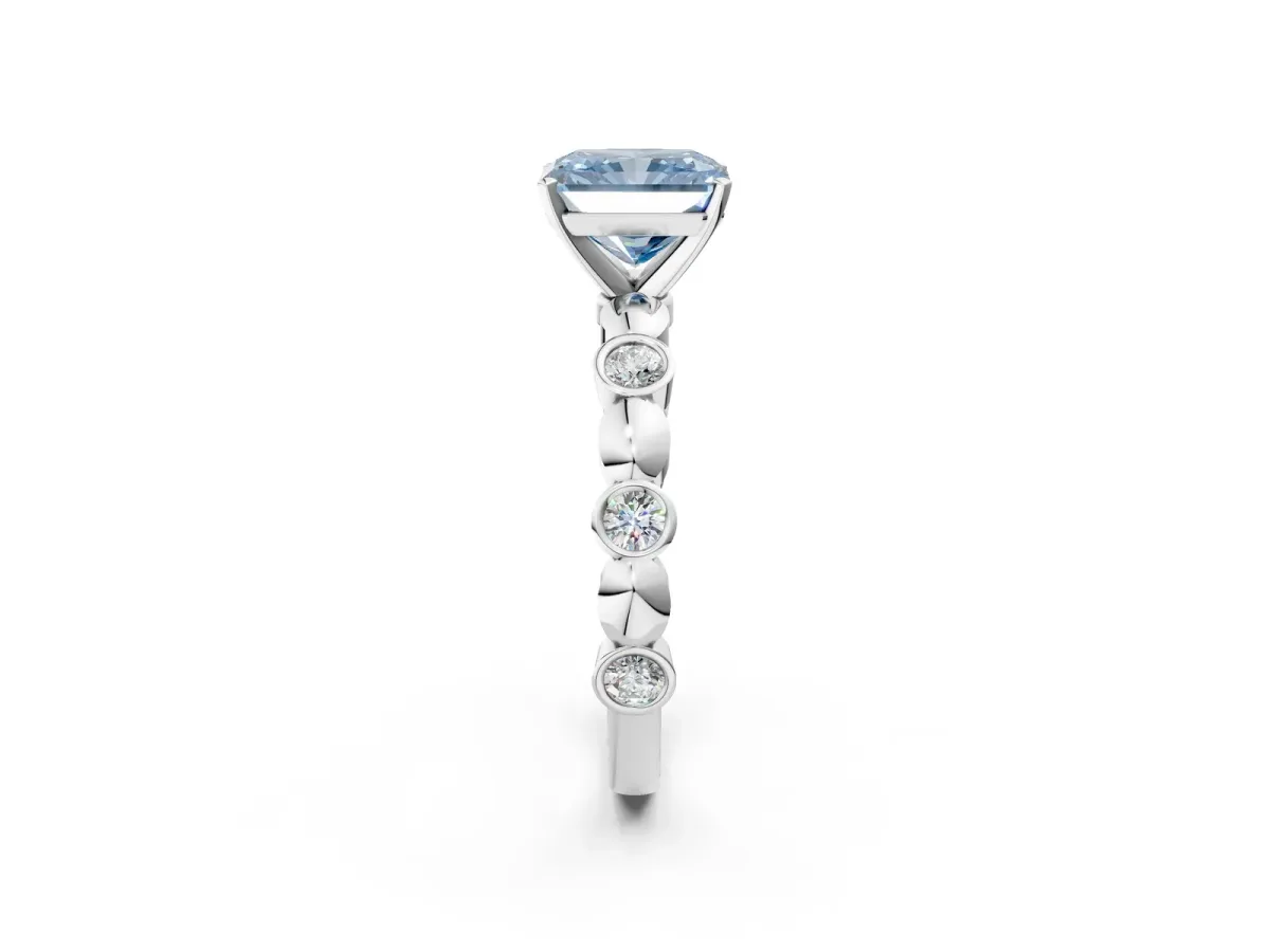 Fancy Blue Radiant Cut Solitaire Bezel-Set Diamond Ring with Beaded Band and Four-Prong Setting Platinum