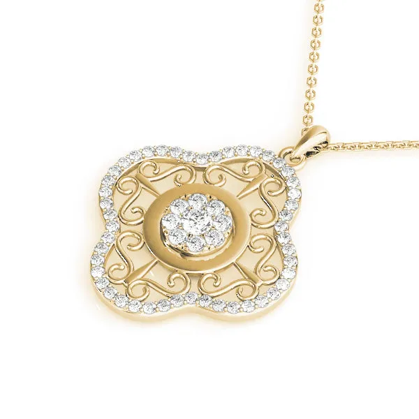 Round Cluster Diamond Pendant with Pavé and Scroll Prong Setting Yellow gold