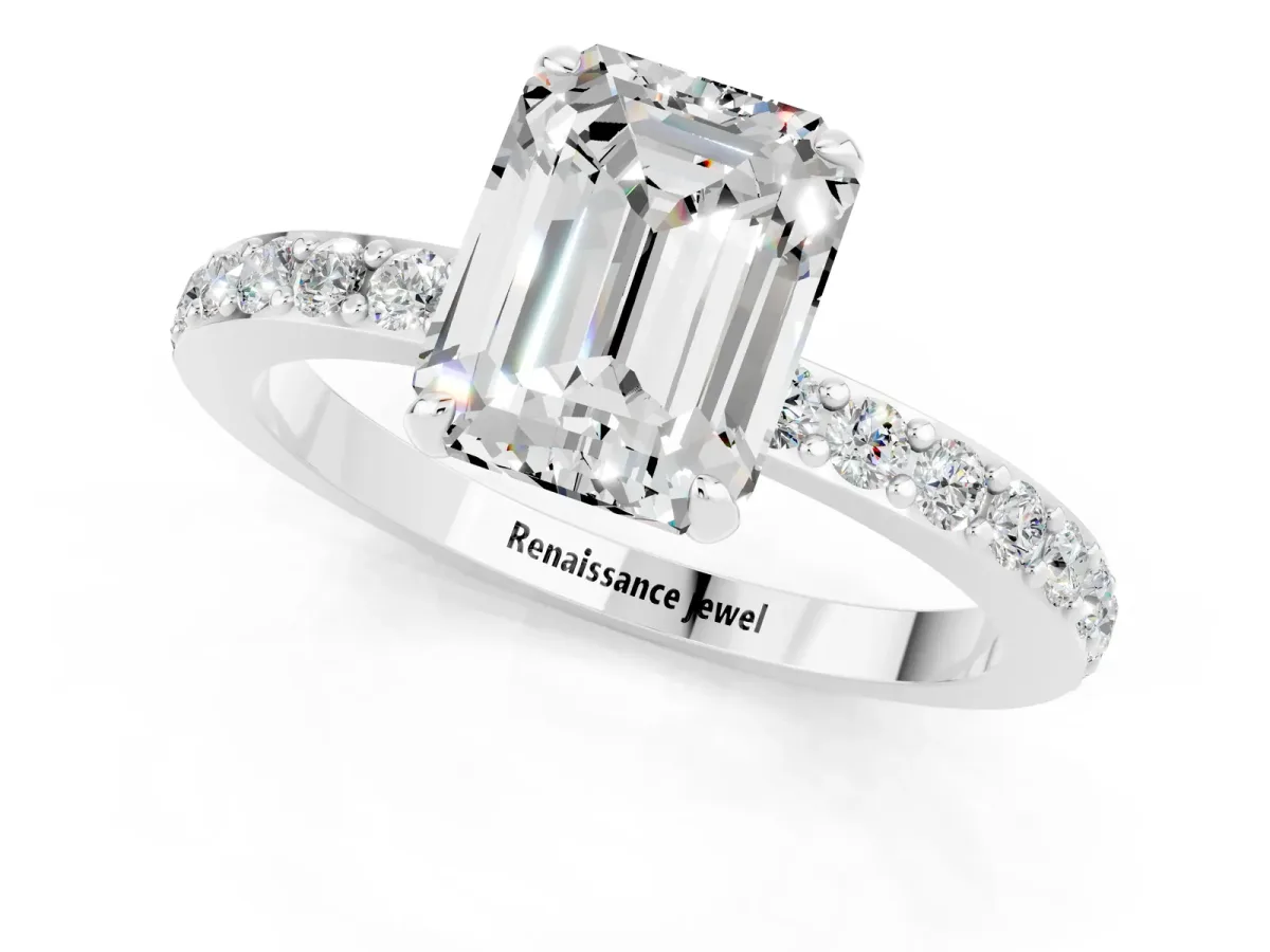 Emerald Cut Moissanite Solitaire Engagement Ring with Pavé Band and Four-Prong Setting Silver