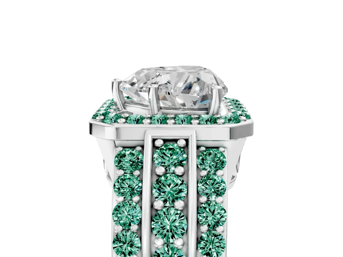 Heart Cut Halo Diamond Ring with Round Green Sapphire Split Shank and Prong Setting Silver