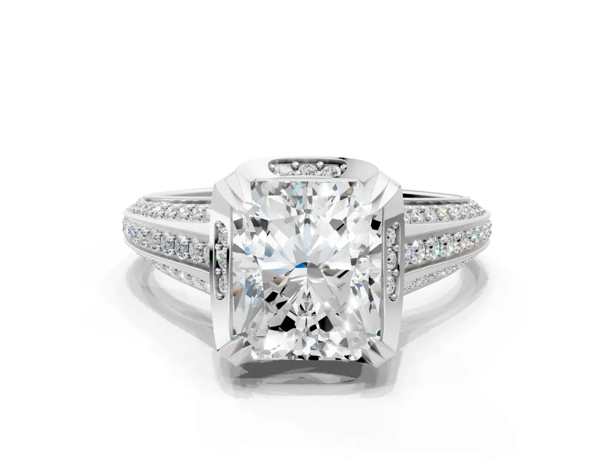 Radiant Cut Solitaire Pave Split Shank Ring with Four-Prong Setting Platinum
