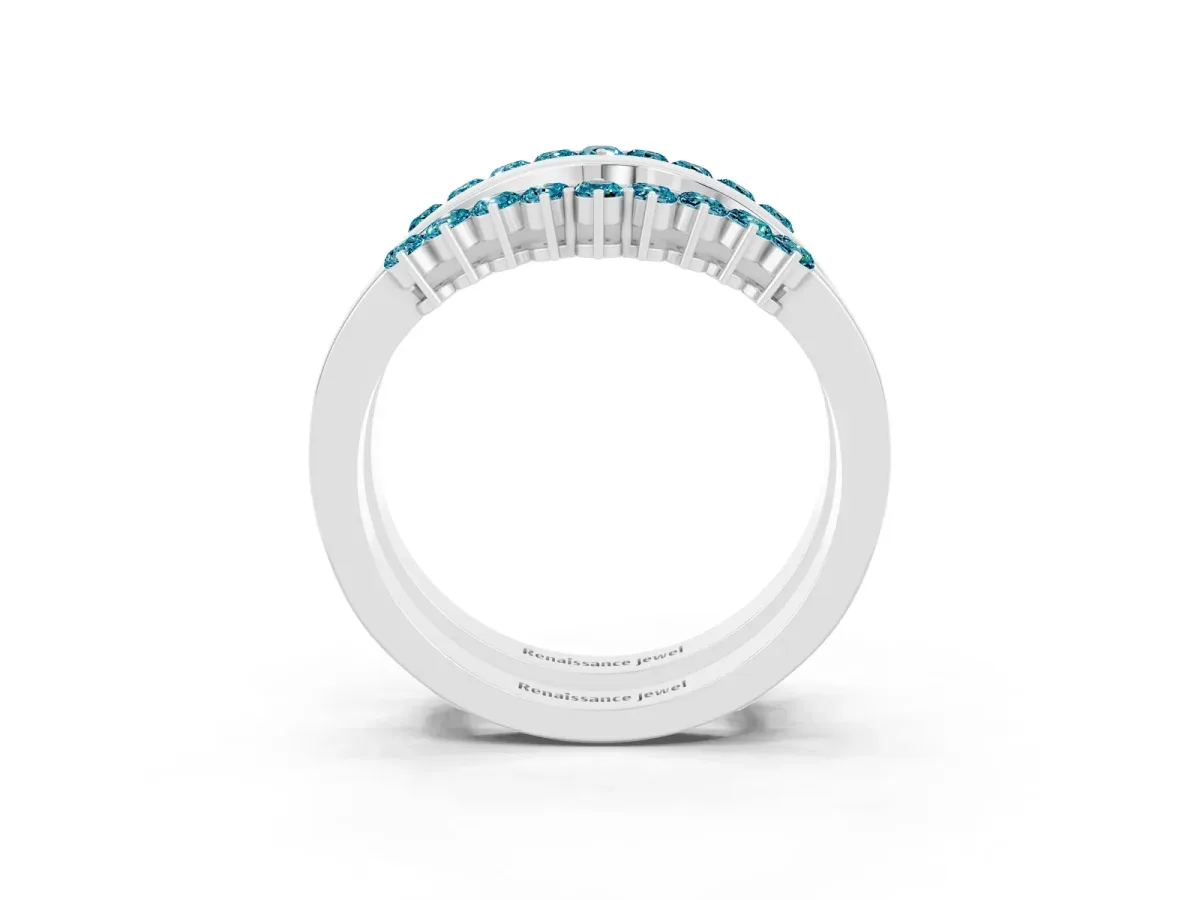 Round Blue Topaz Chevron Contour Band with Prong Setting Silver