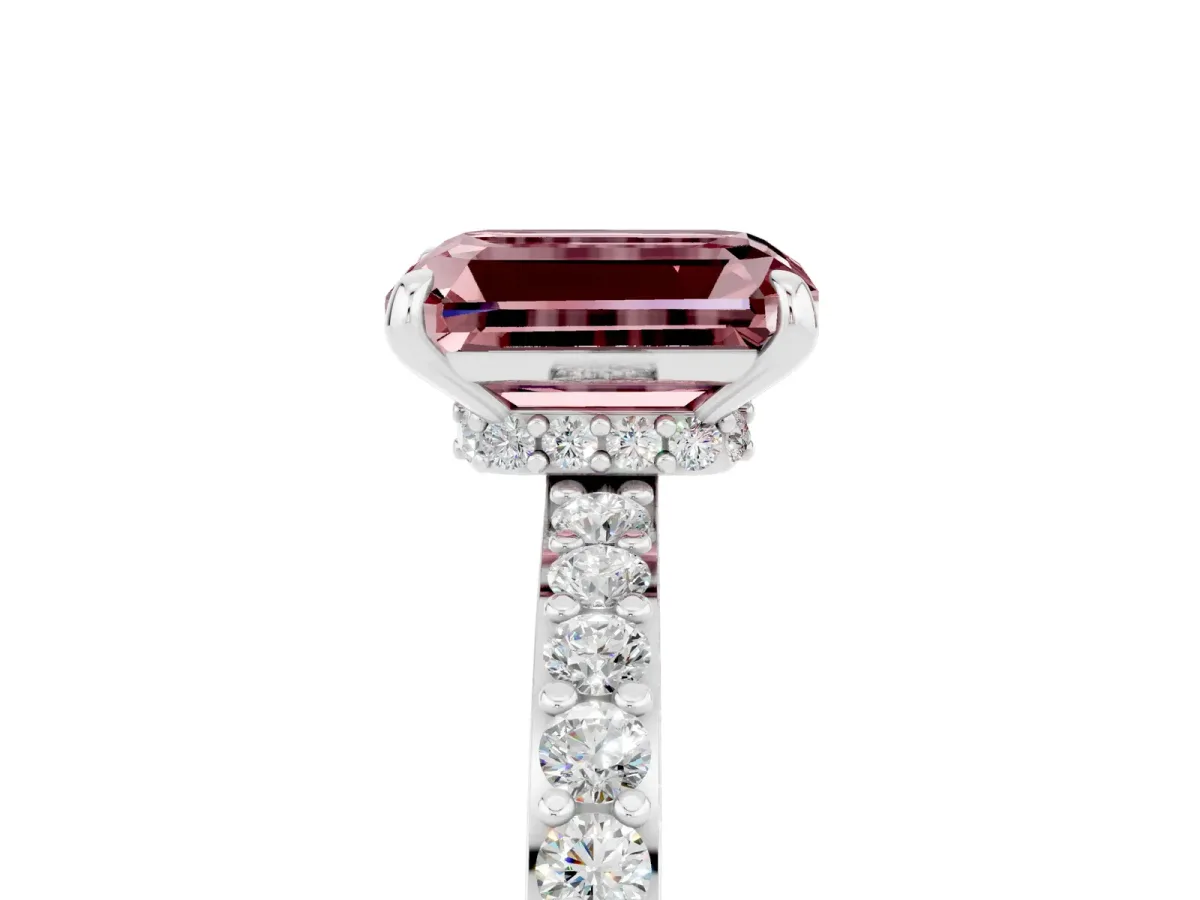 Emerald Cut Morganite Solitaire Engagement Ring with Pavé Band and Four-Prong Setting Silver