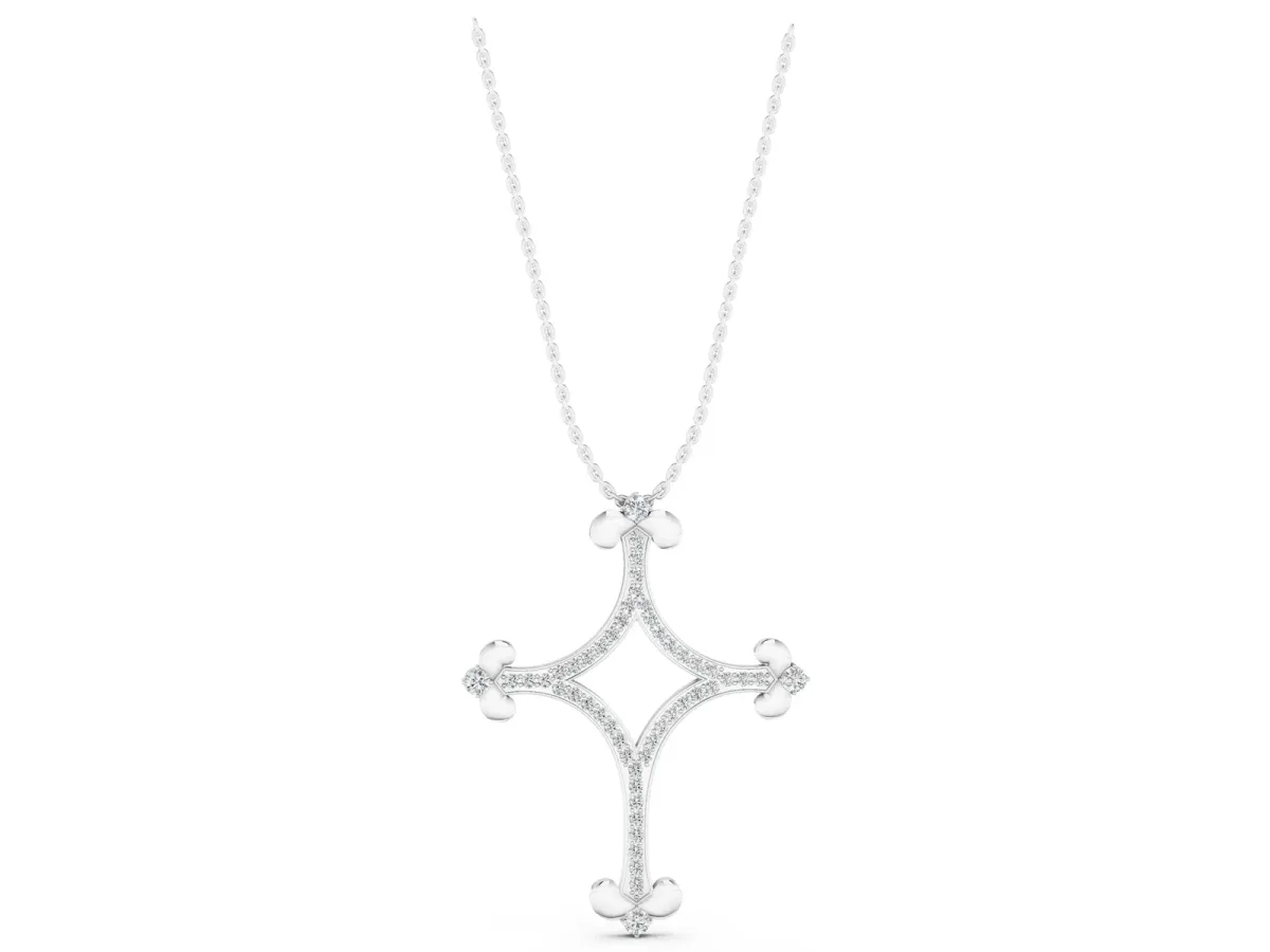 Pavé Diamond Cushion Cross Pendant with Fleur-de-Lis Prongs Silver