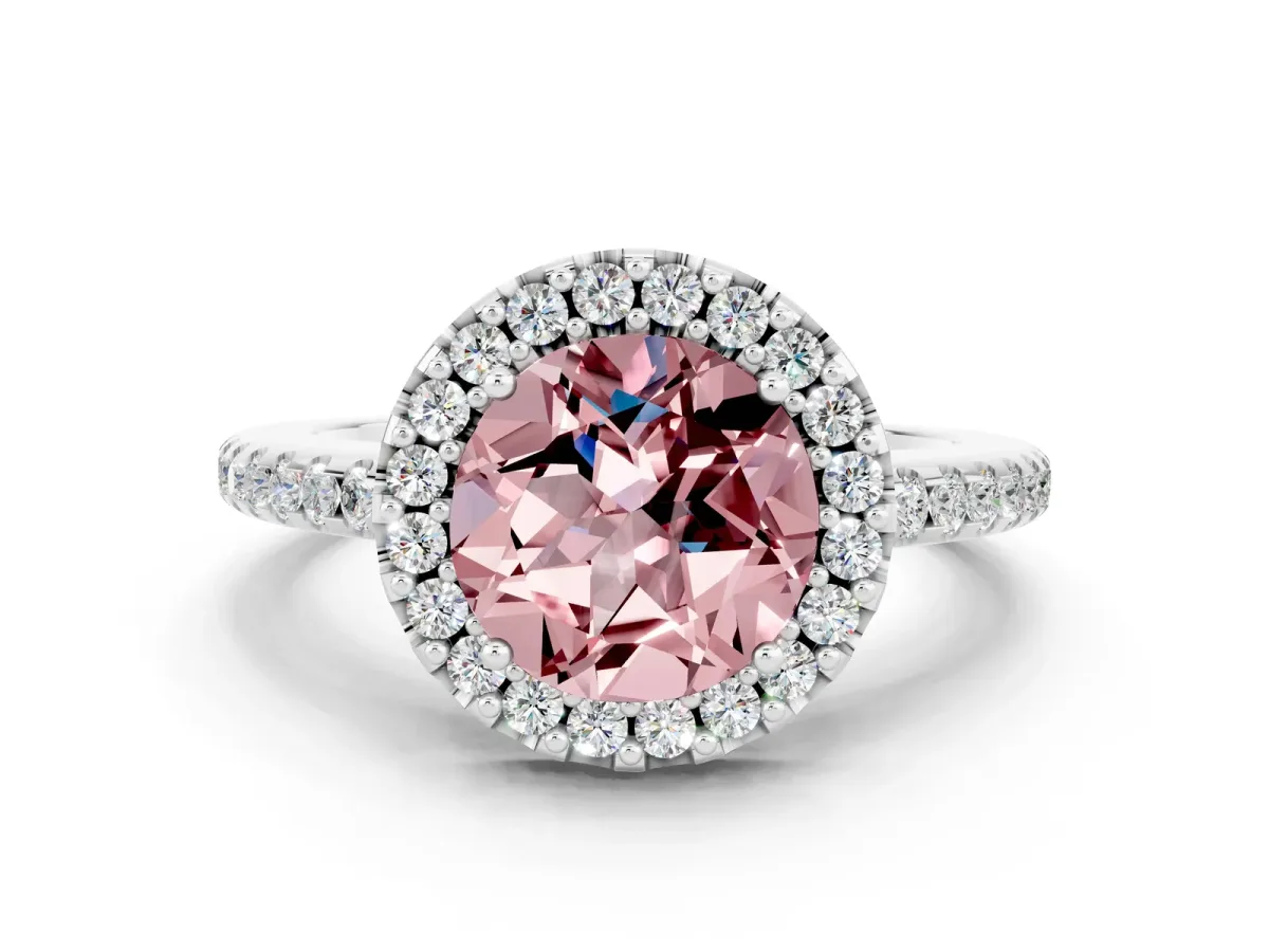 Round Cut Morganite Pavé Halo Ring with Four-Prong Setting Platinum