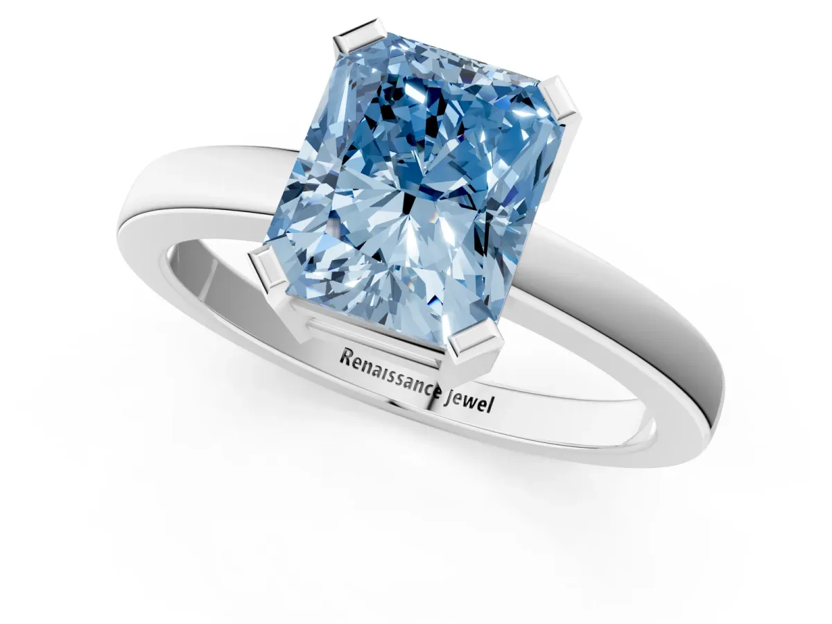 Fancy Blue Radiant Cut Cut Solitaire Ring with Four-Prong Setting and Classic Band Platinum