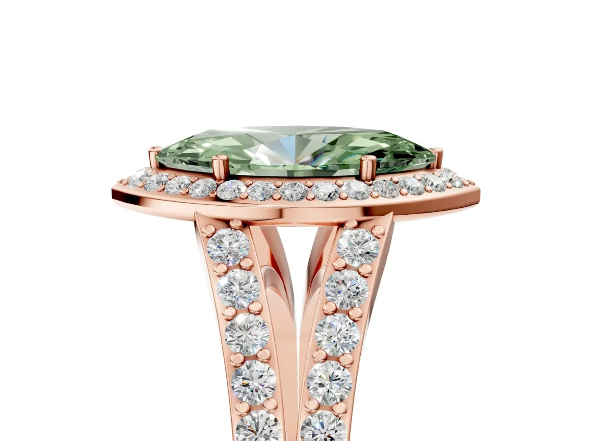 Fancy Green Marquise Cut Diamond Split Shank Halo Ring with Four-Prong Setting Rose gold