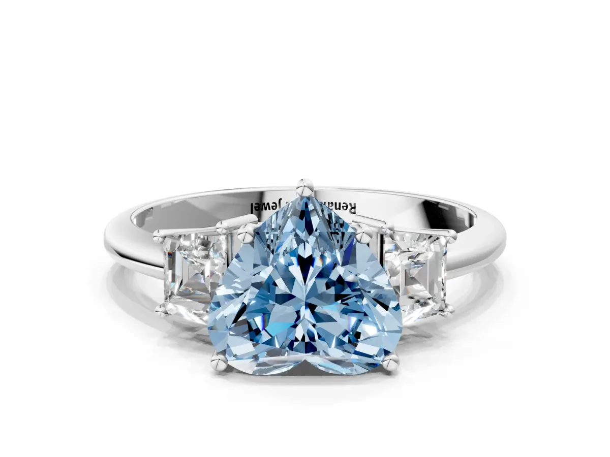 Fancy Blue Heart Cut Diamond Three-Stone Ring with Trapezoid Side Stones and Prong Setting Platinum