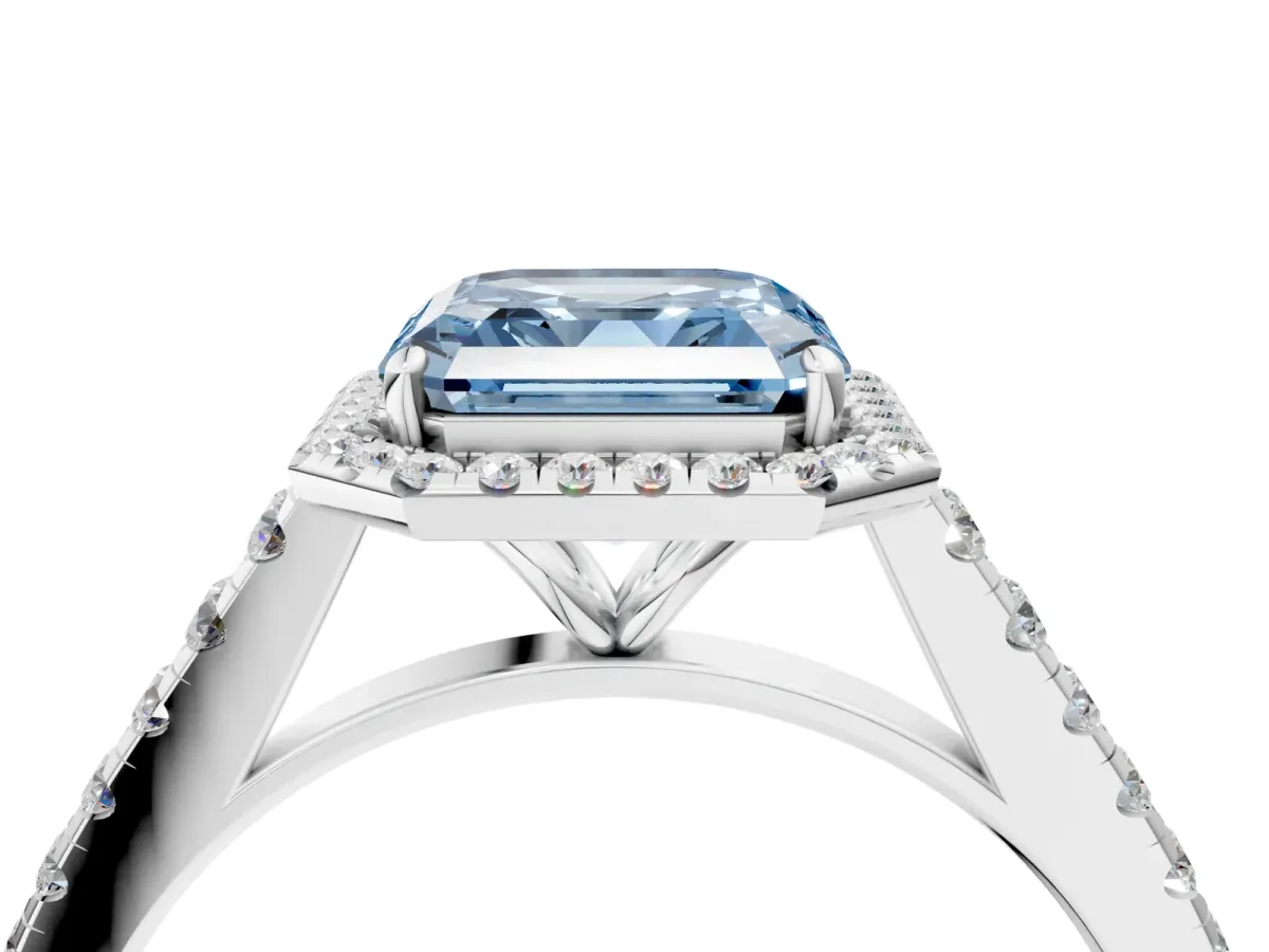 Fancy Blue Asscher Cut Halo Pave Diamond Engagement Ring with Four-Prong Setting Platinum