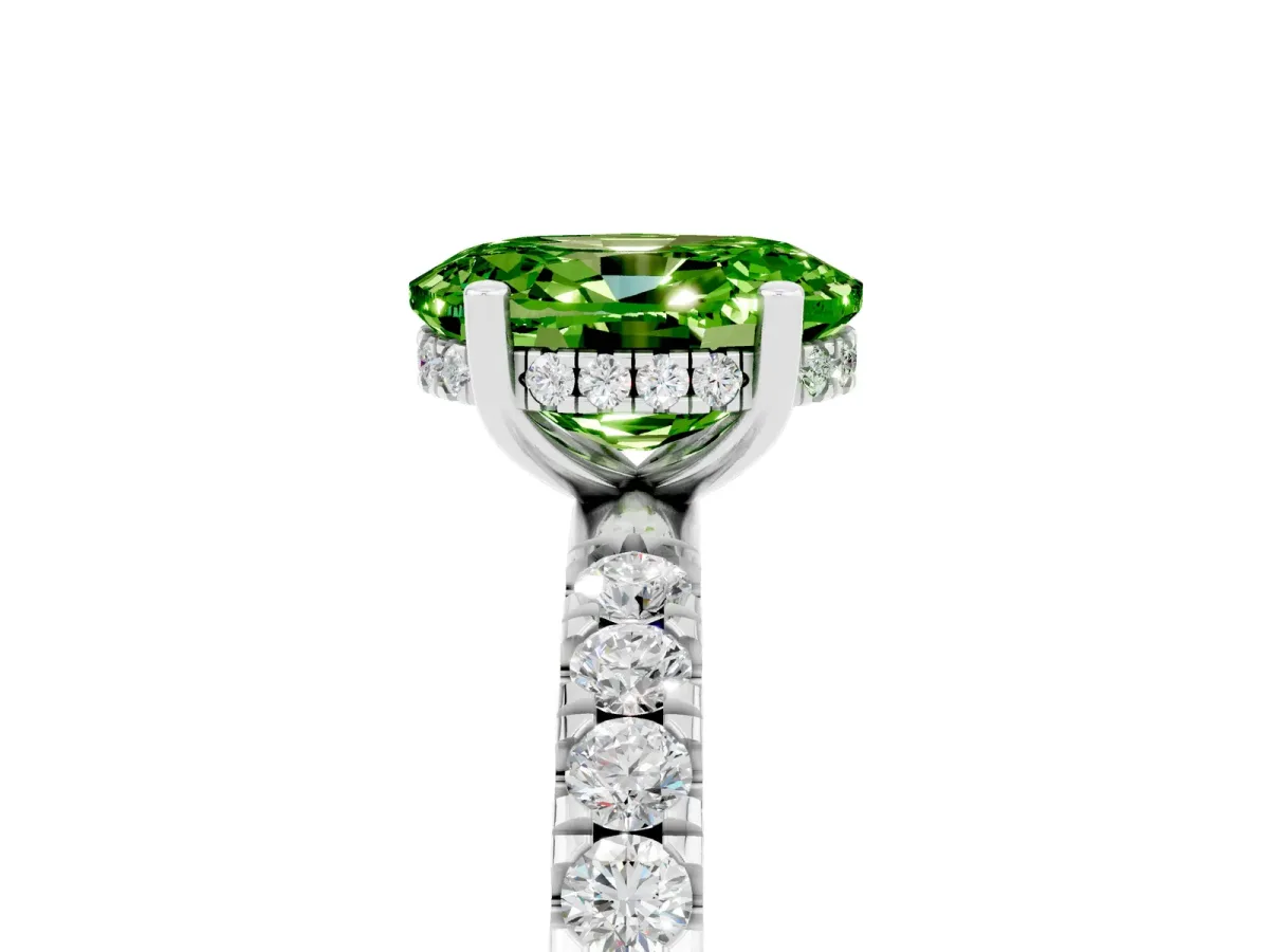 Oval Cut Peridot Pave Band Solitaire Ring with Round and Prong Setting Platinum