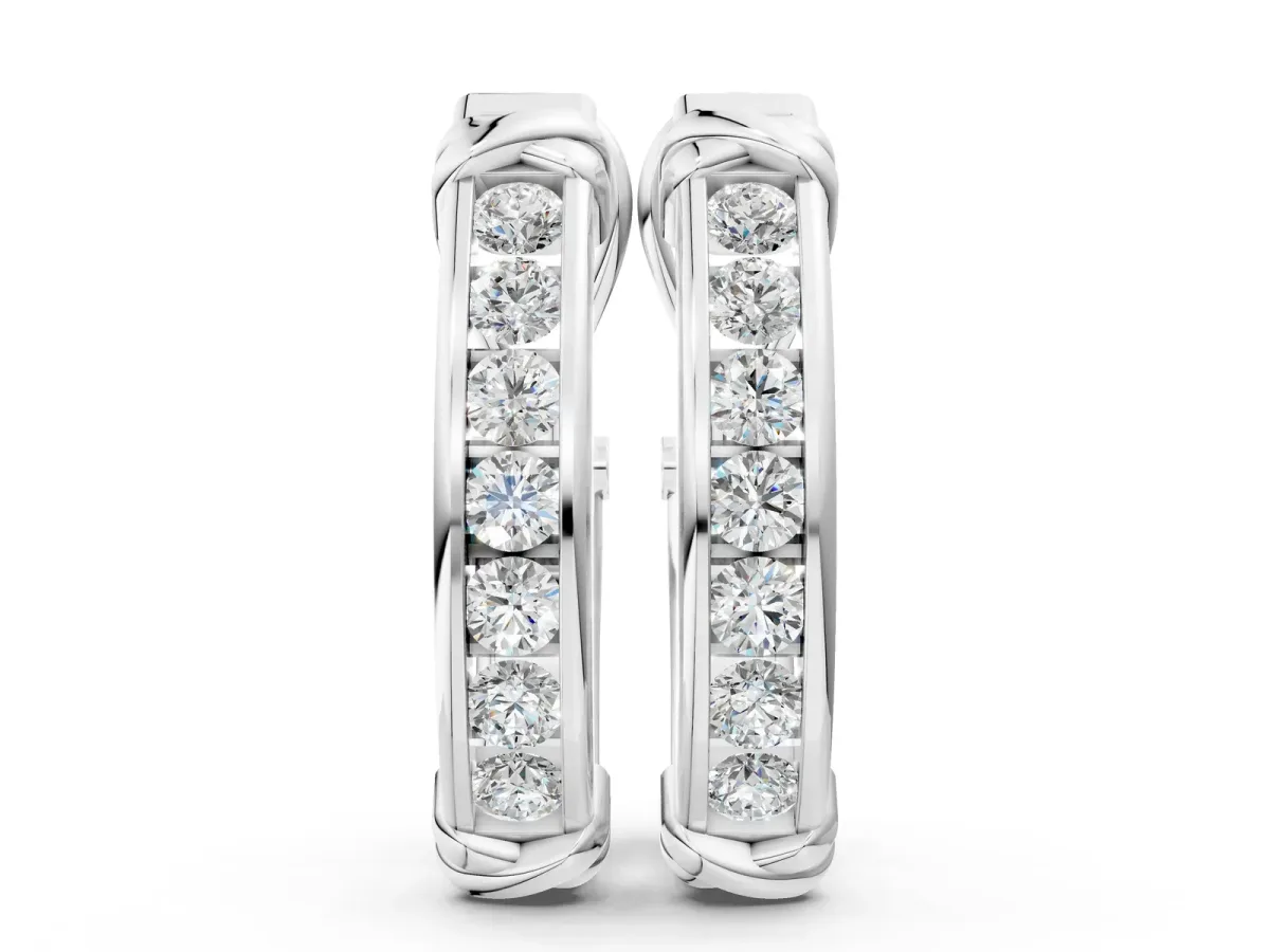 Channel-Set Round Diamond Two-Tone Hoop Earrings with Claw Prong Setting Silver