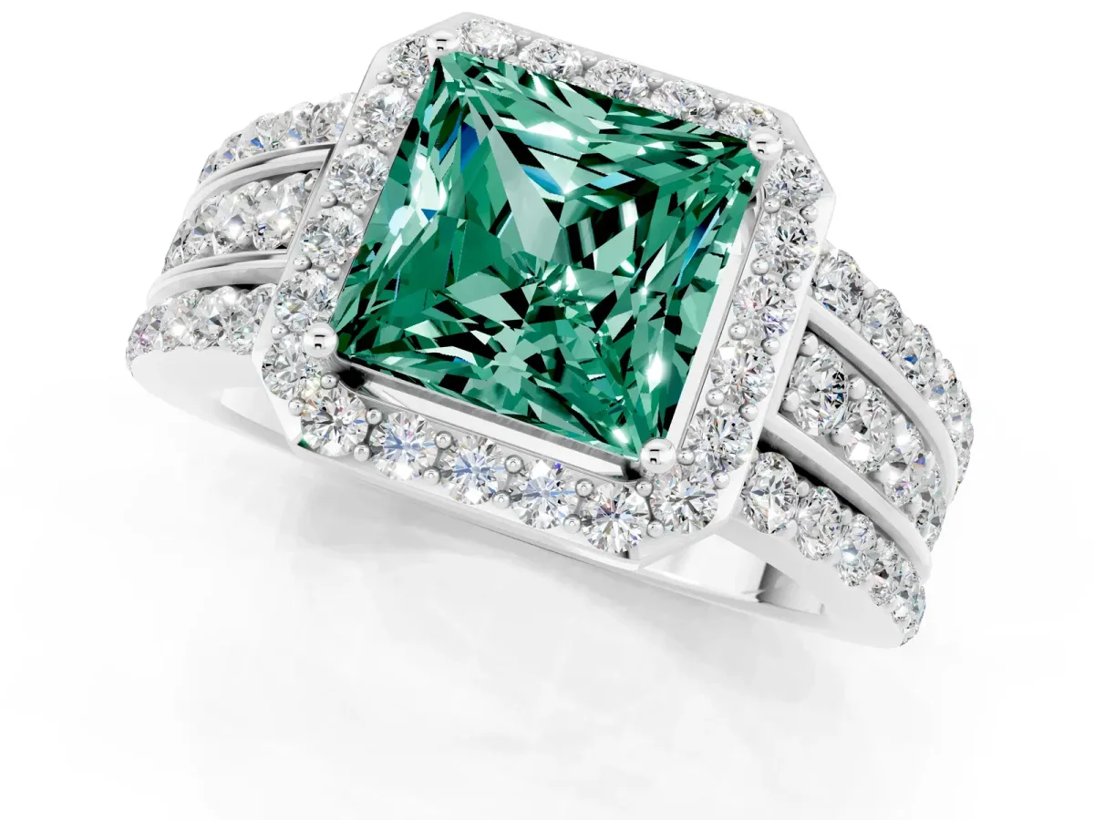 Princess Cut Halo Green Sapphire Ring with Round Split Shank and Prong Setting Silver