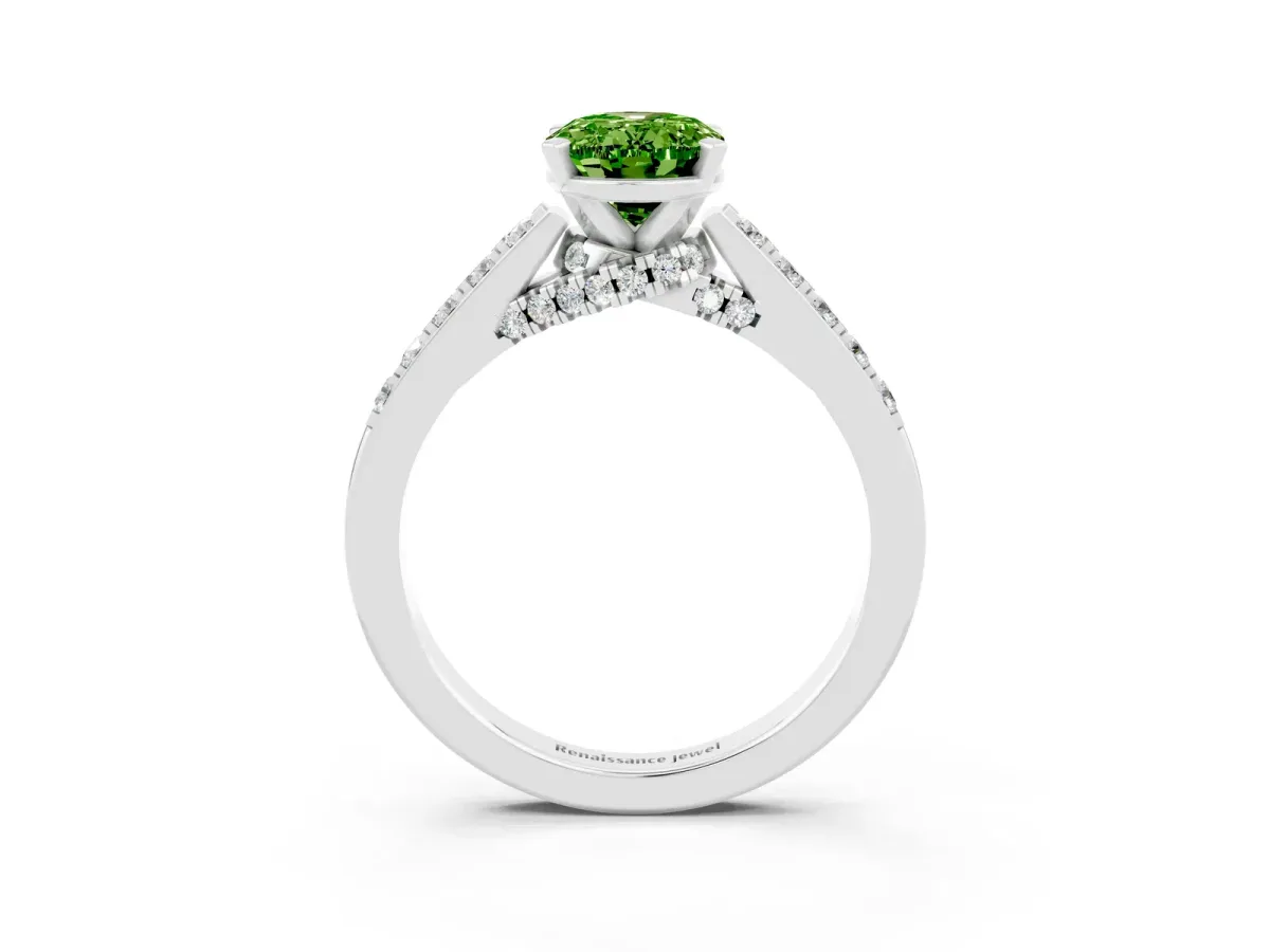 Oval Cut Peridot Solitaire Ring with Crossover Gallery and Round Pavé Band Platinum