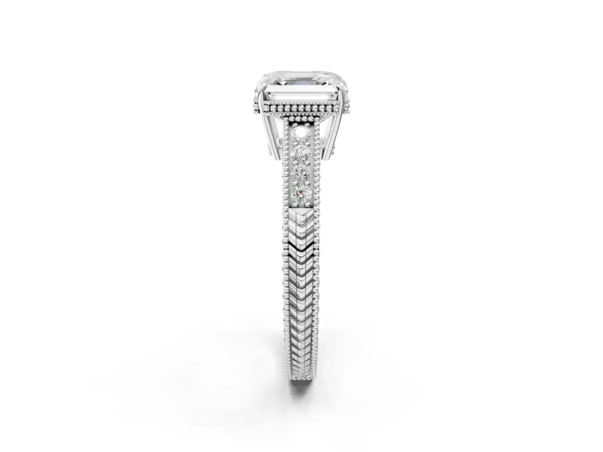 Asscher Cut Cut Diamond Milgrain Pave Band Four-Prong Setting Ring Platinum