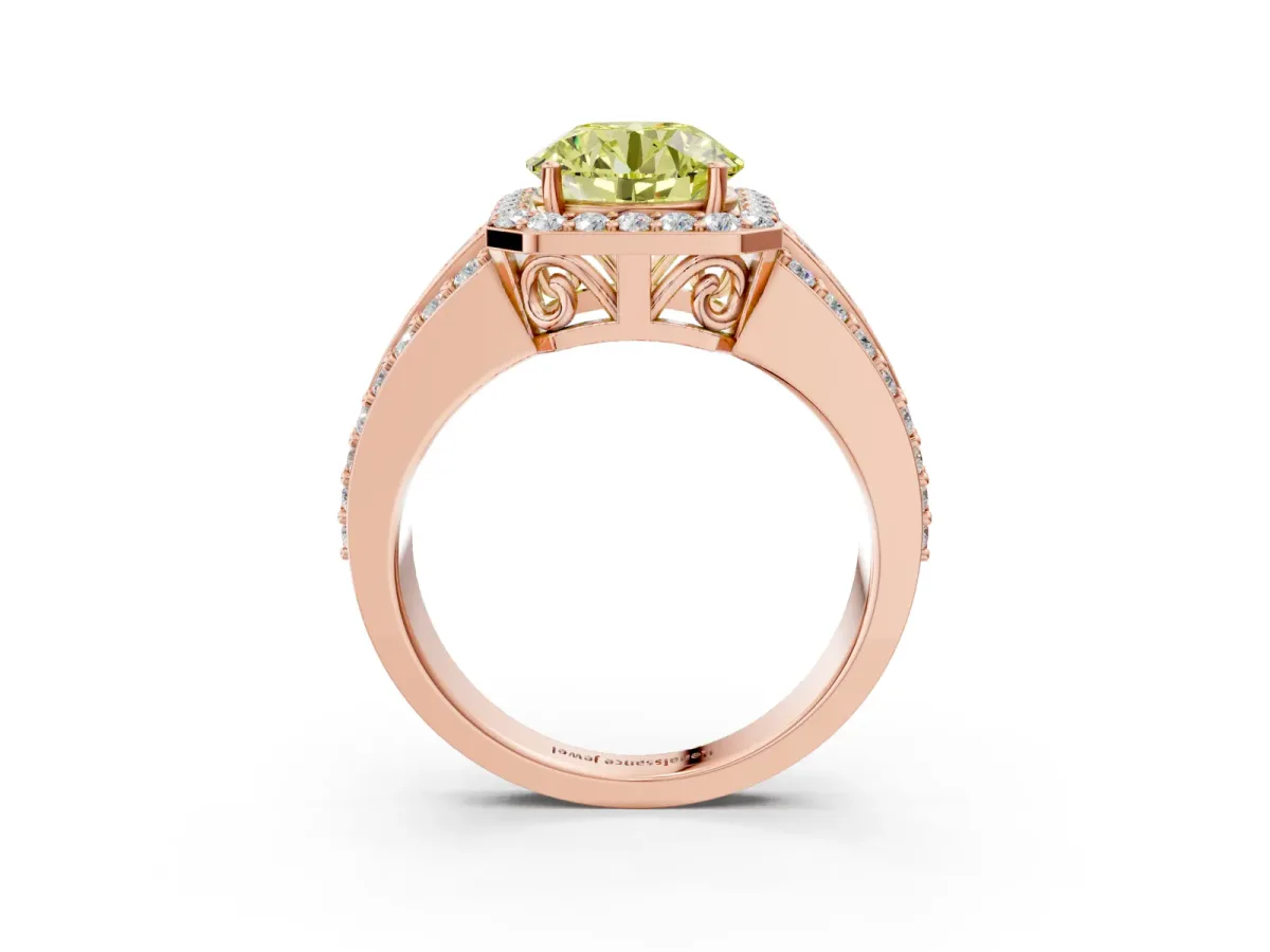 Fancy Yellow Round Cut Halo Diamond Ring with Round Split Shank and Prong Setting Rose gold