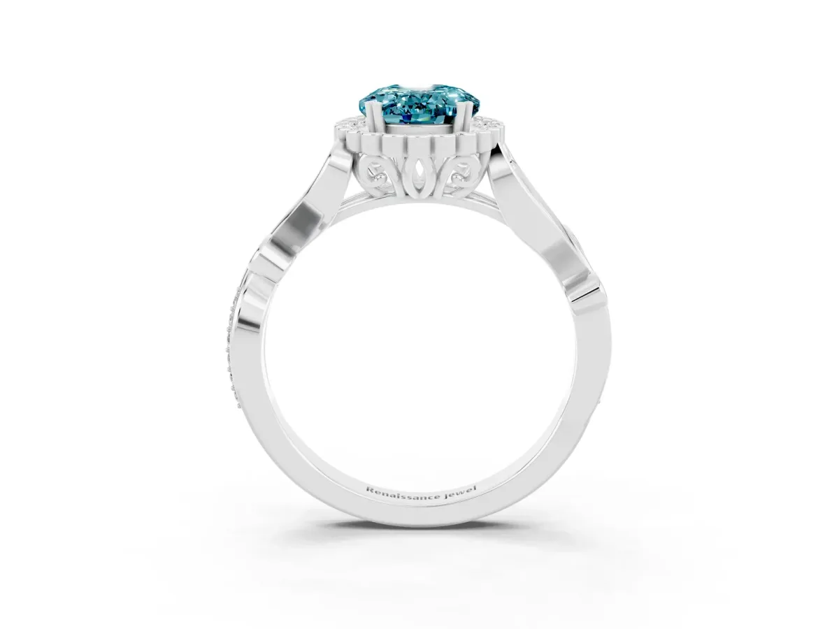 Oval Cut Blue Topaz Halo Ring with Vintage Split Shank and Four-Prong Setting Silver