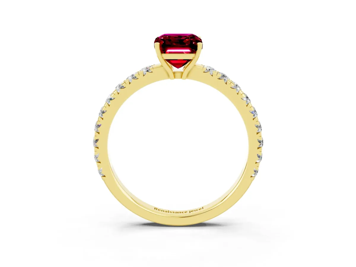 Emerald Cut Garnet Pavé Solitaire Engagement Ring with Four-Prong Setting Yellow gold