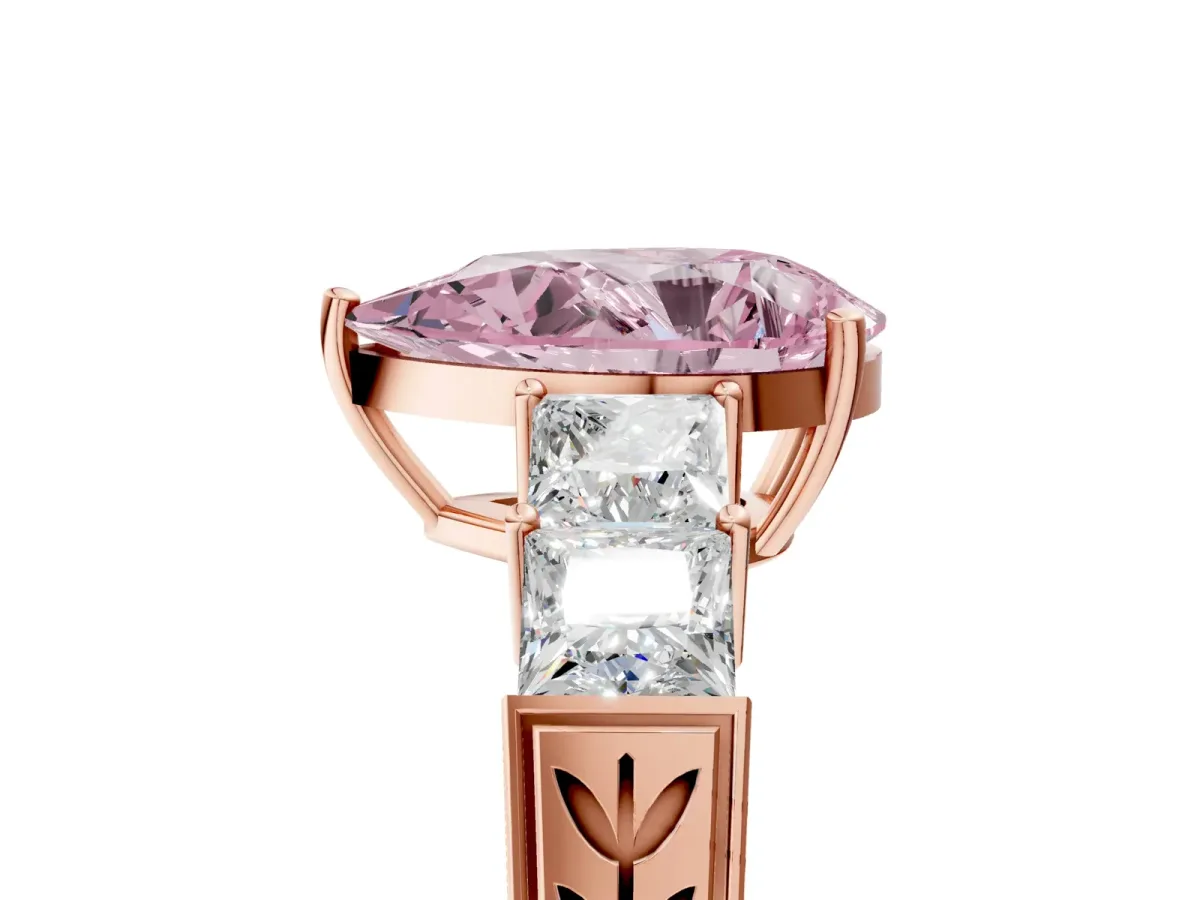 Fancy Pink Pear Cut Solitaire Princess Side Stone Engraved Band Prong Setting Ring Rose gold