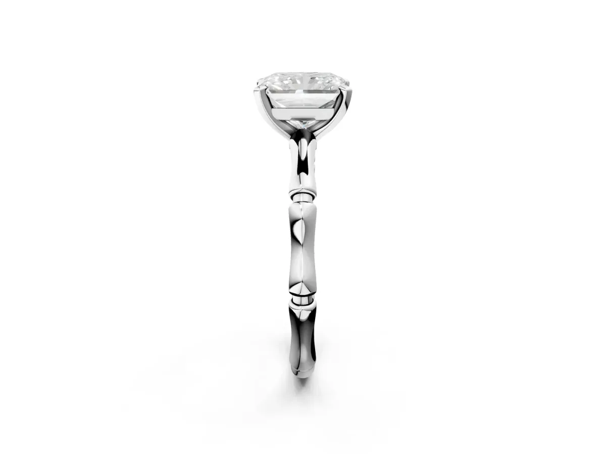 Radiant Cut Solitaire Diamond Ring with Bamboo Band and Four-Prong Setting Platinum