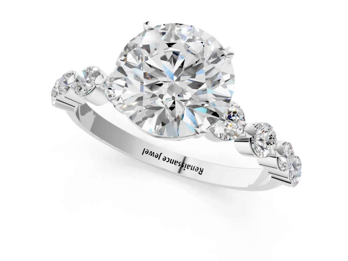 Round Cut Solitaire Diamond Ring with Pave Band and Four-Prong Setting White gold