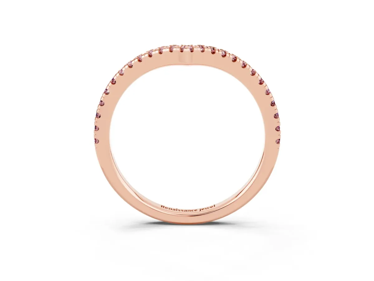 Pavé Round Morganite V-Shaped Chevron Band with Shared Prong Setting Rose gold