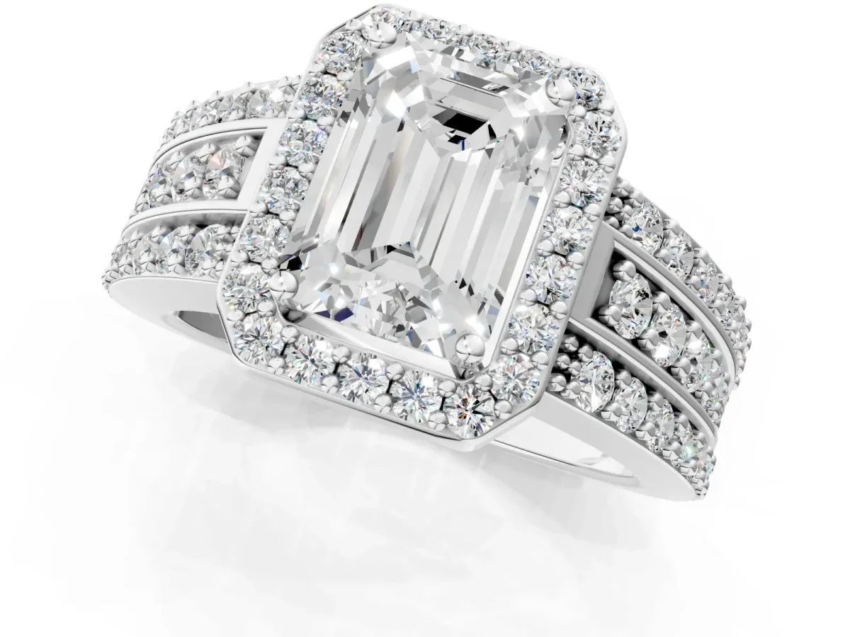 Emerald Cut Halo Diamond Ring with Round Split Shank and Prong Setting White gold