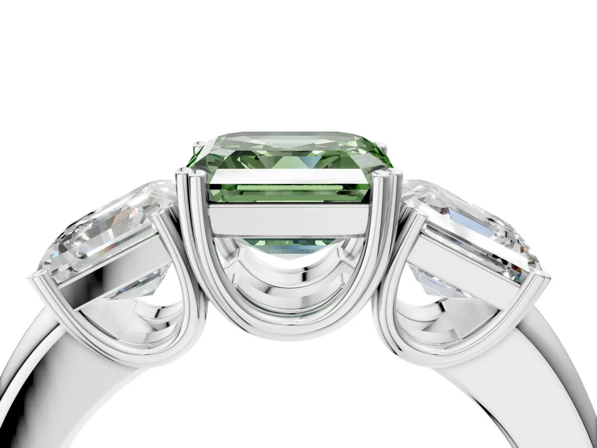 Fancy Green Three-Stone Asscher Cut Cut Diamond Ring with Channel Set Band and Four-Prong Setting Silver
