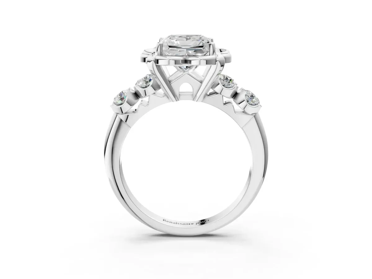 Princess Cut Cut Diamond Floral Halo Engagement Ring with Shared Prong Setting Silver
