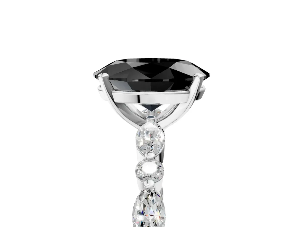 Fancy Black Oval Cut Diamond Ring with Marquise and Round Side Stones and Four-Prong Setting Silver