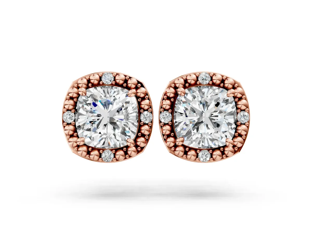 Cushion Diamond Beaded Halo Stud Earrings Rose gold