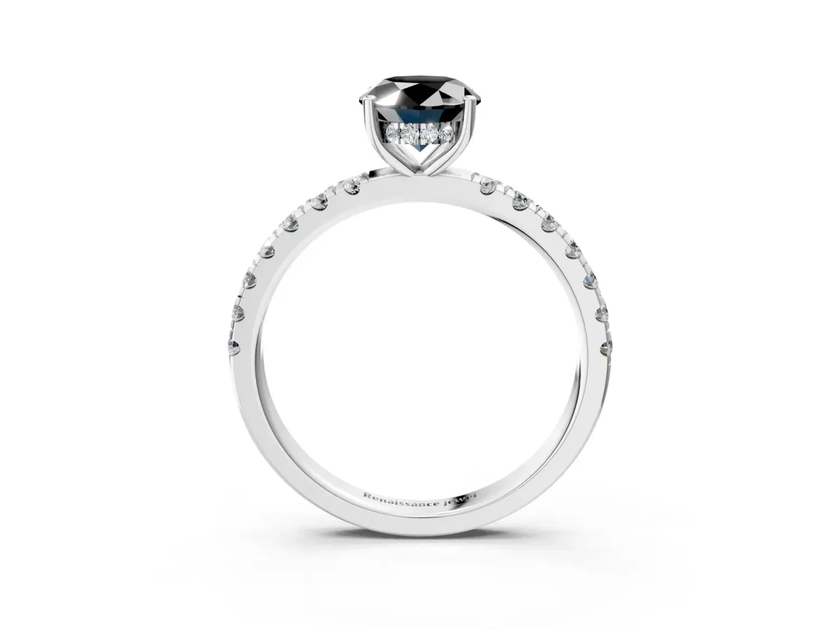 Fancy Black Oval Cut Diamond Pave Band Solitaire Ring with Round and Prong Setting Platinum