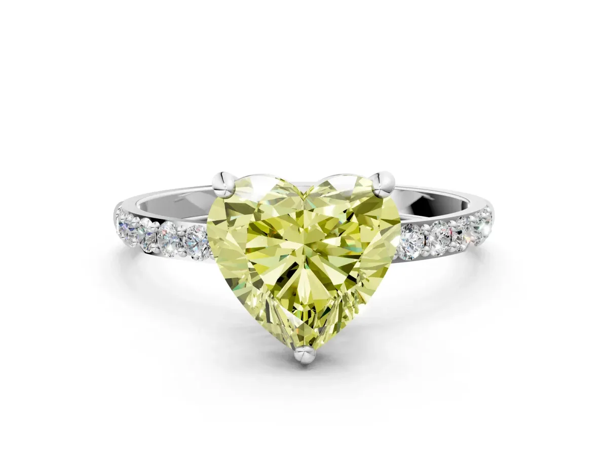Fancy Yellow Heart Cut Diamond Solitaire Ring with Round Pavé Band and Prong Setting Silver