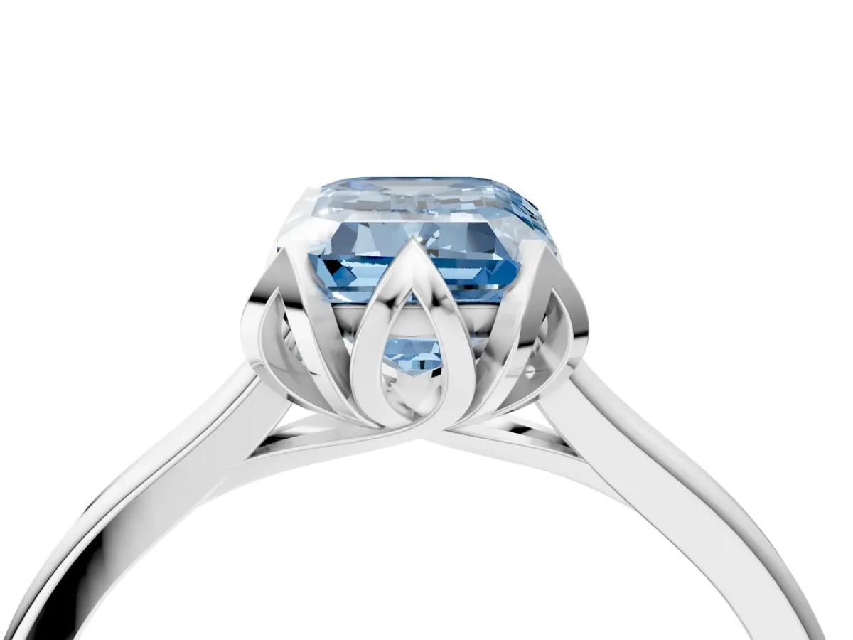 Fancy Blue Emerald Cut Diamond Solitaire Ring with Flower Prong Setting and Classic Band White gold