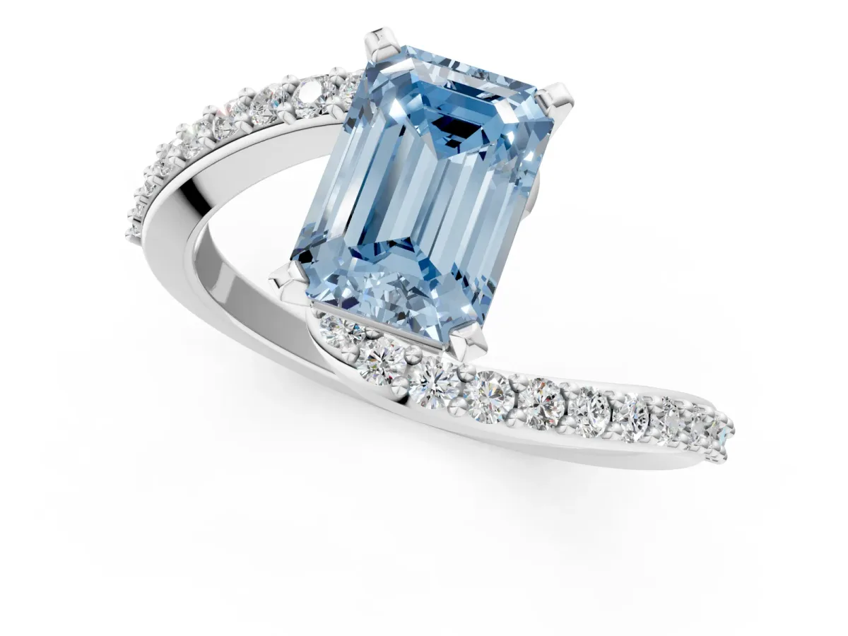 Fancy Blue Emerald Cut Solitaire Twist Band with Pave Set Diamonds and Four-Prong Setting Platinum