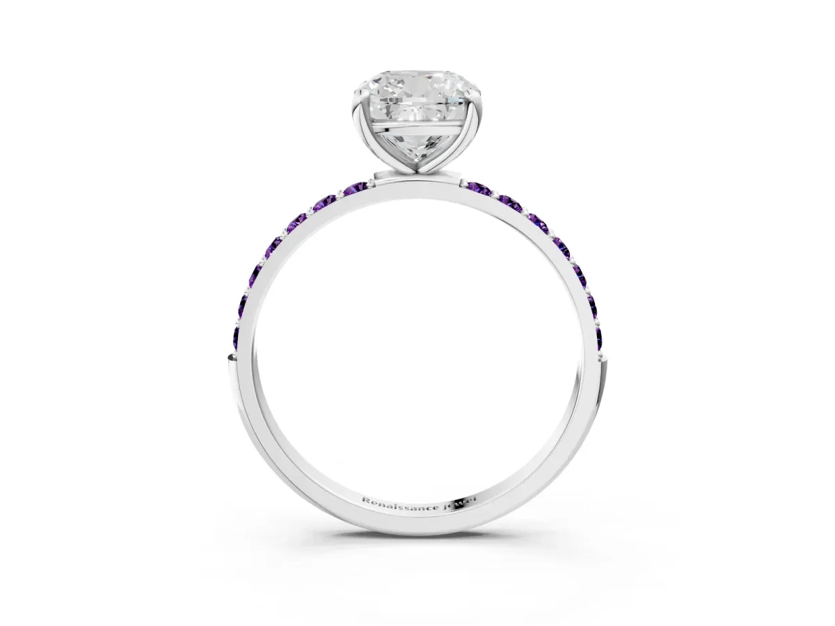 Cushion Cut Diamond Solitaire Ring with Round Amethyst Pavé Band and Prong Setting Silver