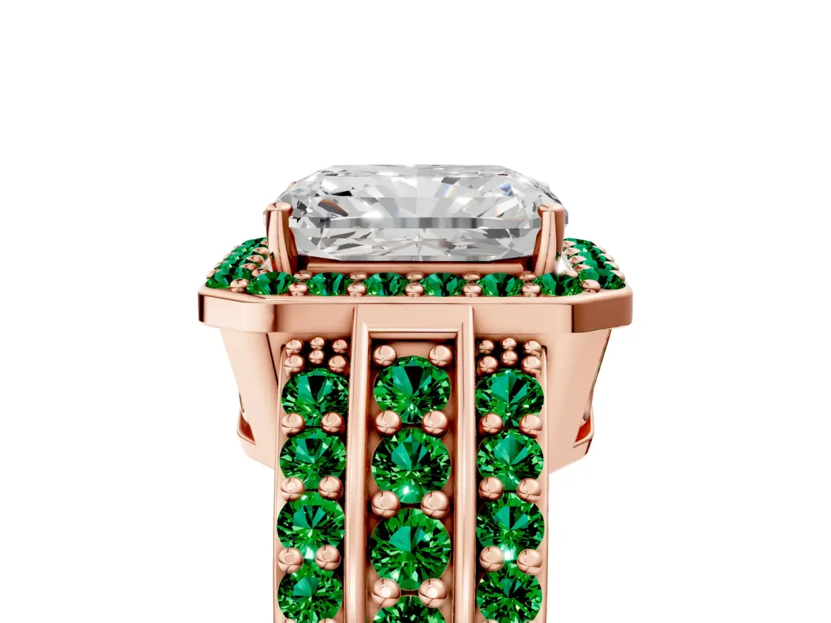 Radiant Cut Halo Diamond Ring with Round Emerald Split Shank and Prong Setting Rose gold