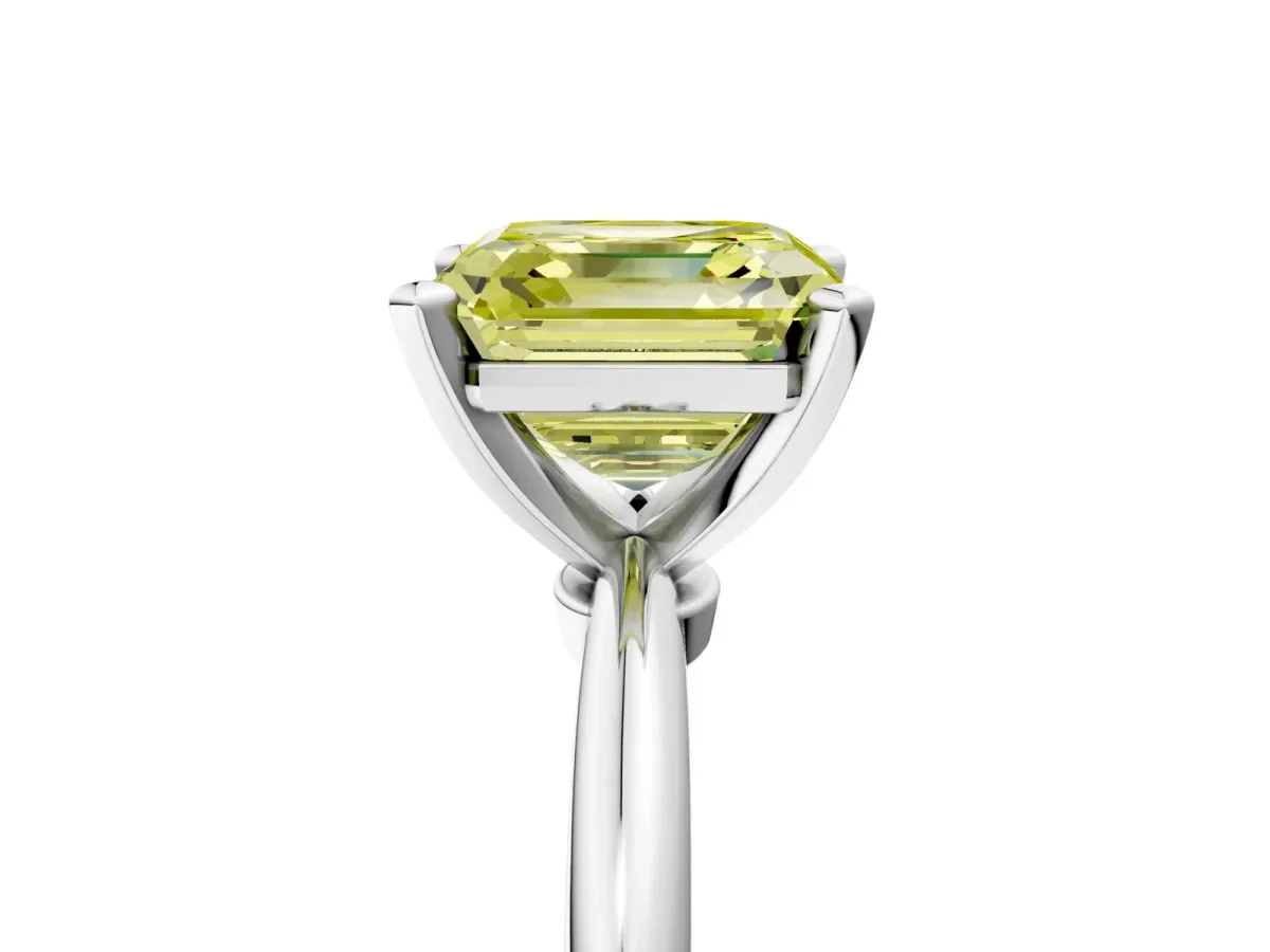 Fancy Yellow Asscher Cut Diamond Solitaire Ring with Six-Prong Setting and Classic Band Platinum