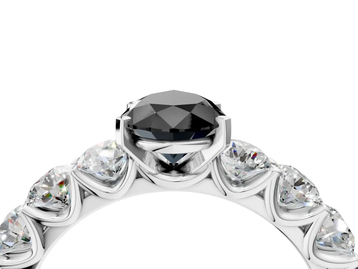 Fancy Black Pear Cut Diamond Prong Setting with Side Stones on a Pave Band Platinum