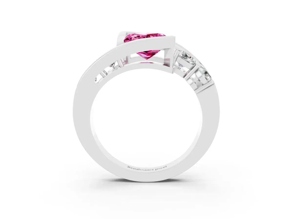 Bezel Set Princess Cut Pink Sapphire Bypass Ring with Round Accents Silver