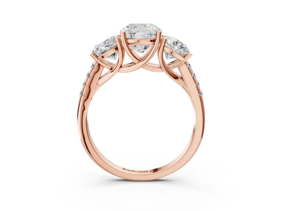 Three-Stone Cushion Cut Diamond Ring with Round Pavé Band and Prong Setting Rose gold