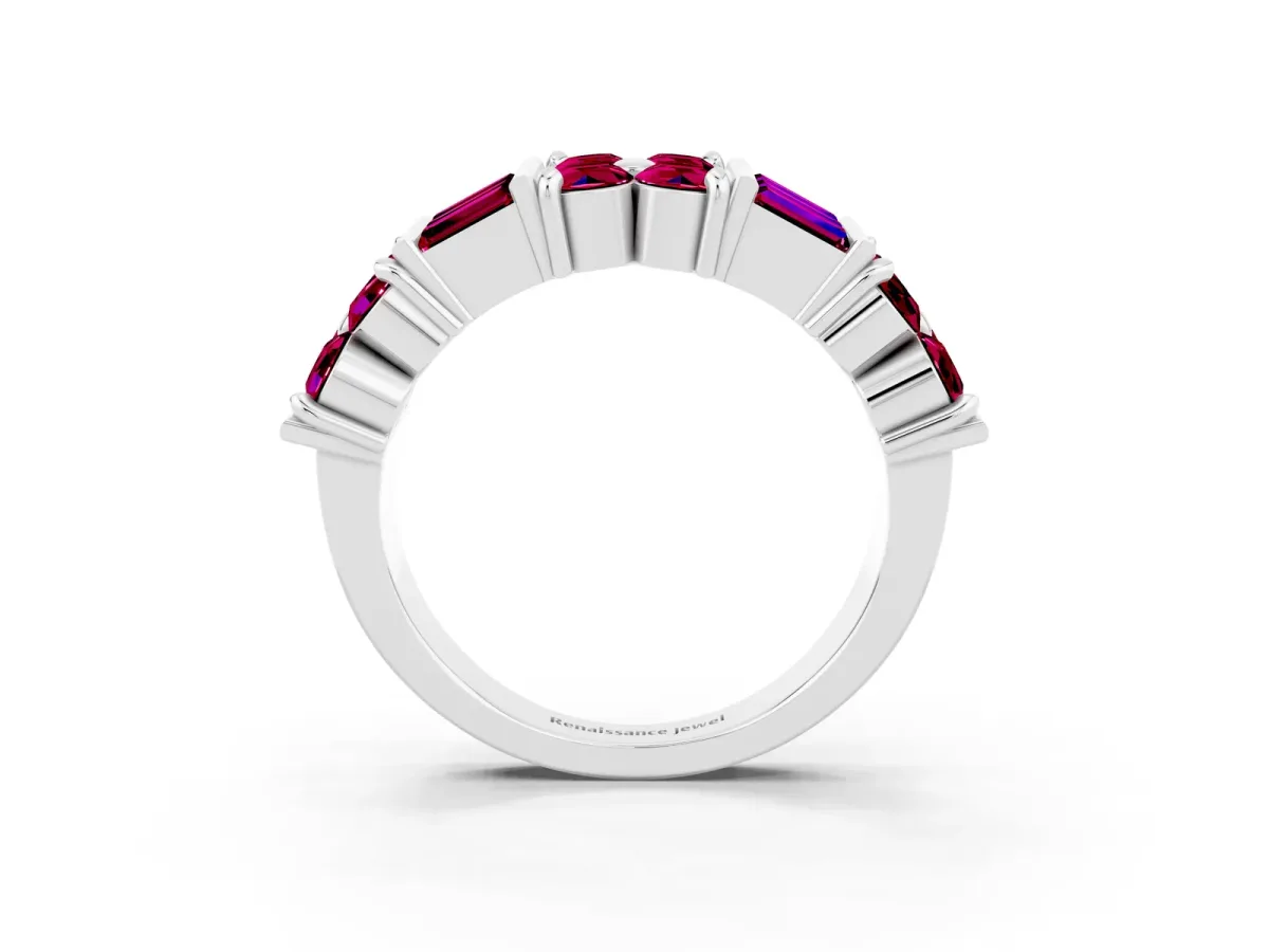Channel Set Round and Baguette Garnet Anniversary Band with Prong Setting Silver