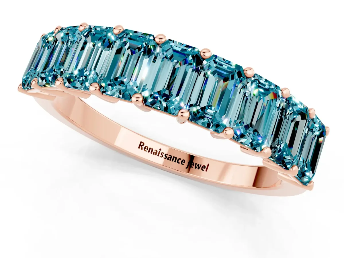 Emerald Cut Blue Topaz Prong-Set Eternity Band Rose gold