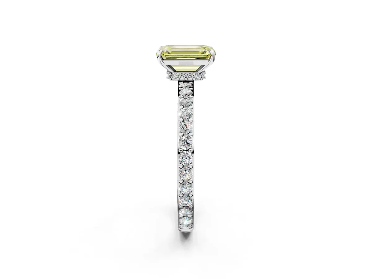 Fancy Yellow Emerald Cut Diamond Solitaire Engagement Ring with Pavé Band and Four-Prong Setting Silver