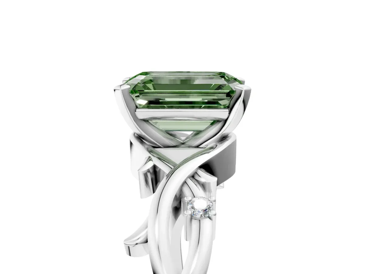 Fancy Green Emerald Cut Diamond Solitaire Ring with Twisted Band and Prong Setting Silver