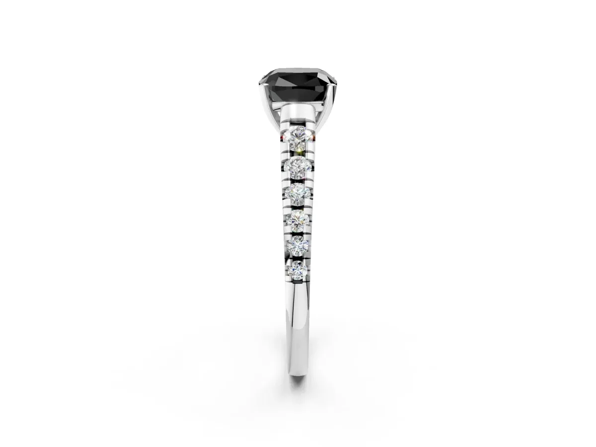 Fancy Black Cushion Cut Diamond Cathedral Solitaire Ring with Round Pavé Band Silver