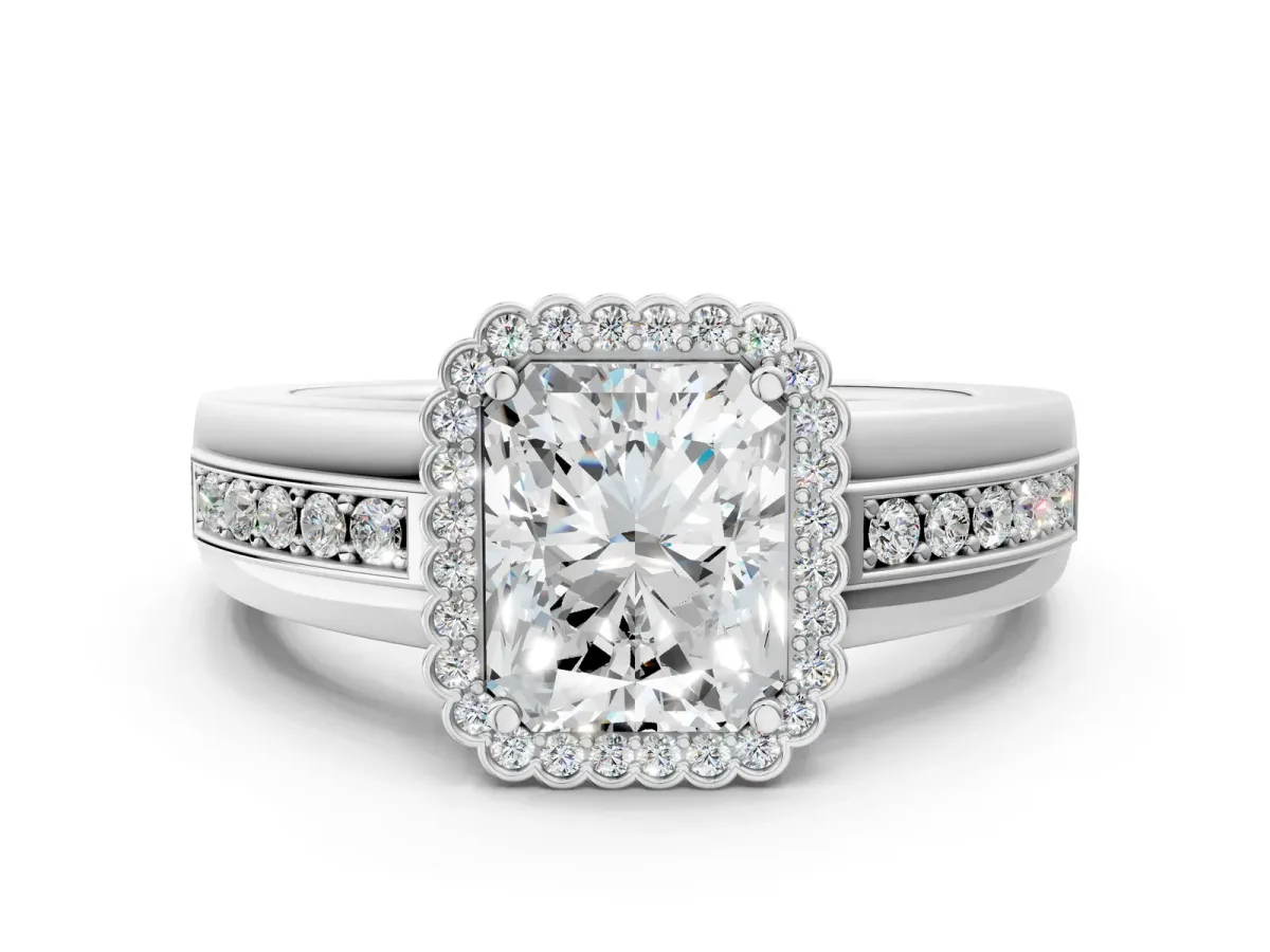 Radiant Cut Cut Halo Pave Band Four-Prong Ring Platinum