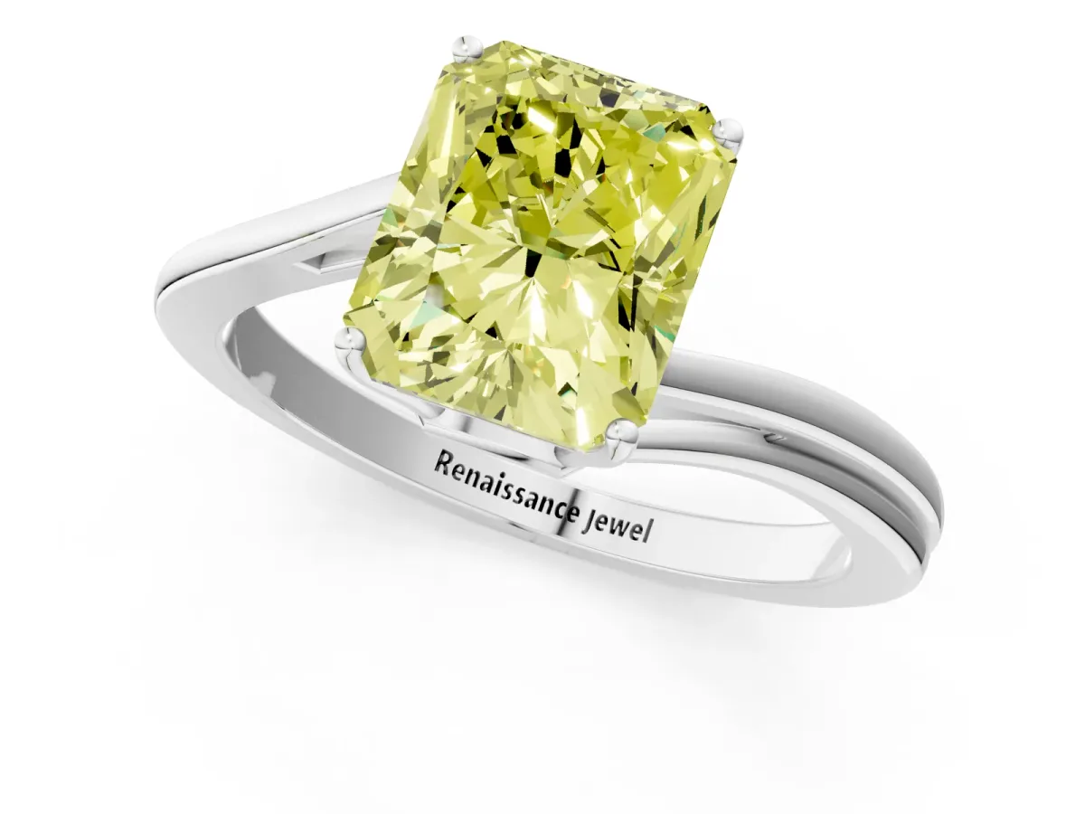 Fancy Yellow Radiant Cut Cut Solitaire Twist Band Ring with Four-Prong Setting Platinum