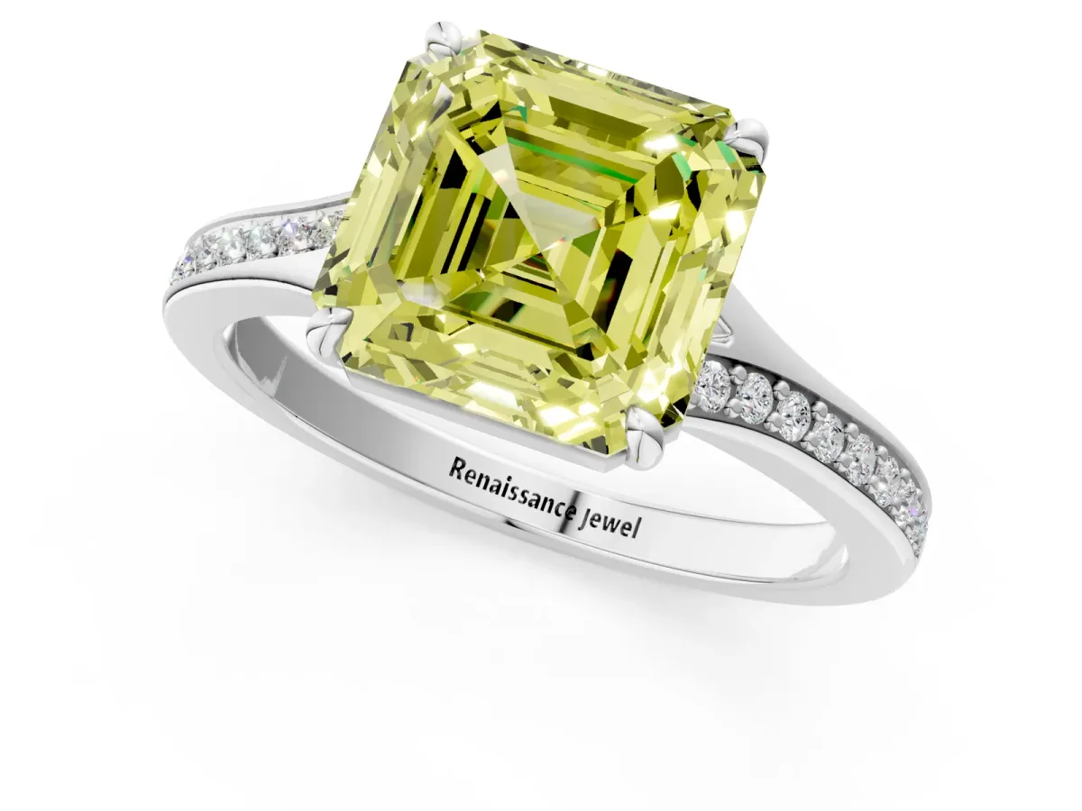 Fancy Yellow Asscher Cut Diamond Solitaire Ring with Pavé Band and Prong Setting Platinum